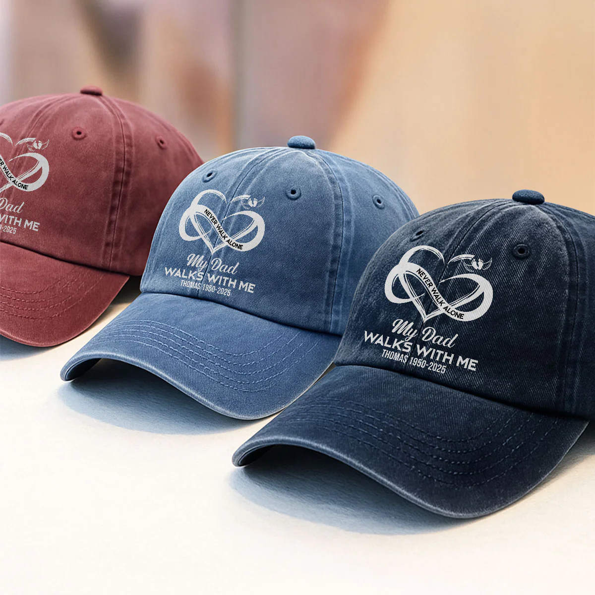 Never Walk Alone - Personalized Vintage Washed Denim Cap - Image 3