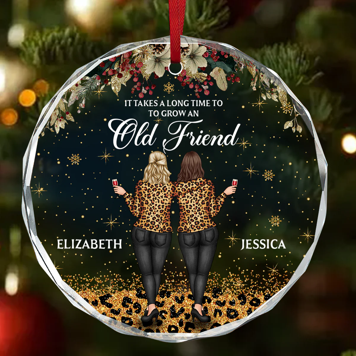 Old Friend Heart - Personalized Round Shaped Glass Ornament