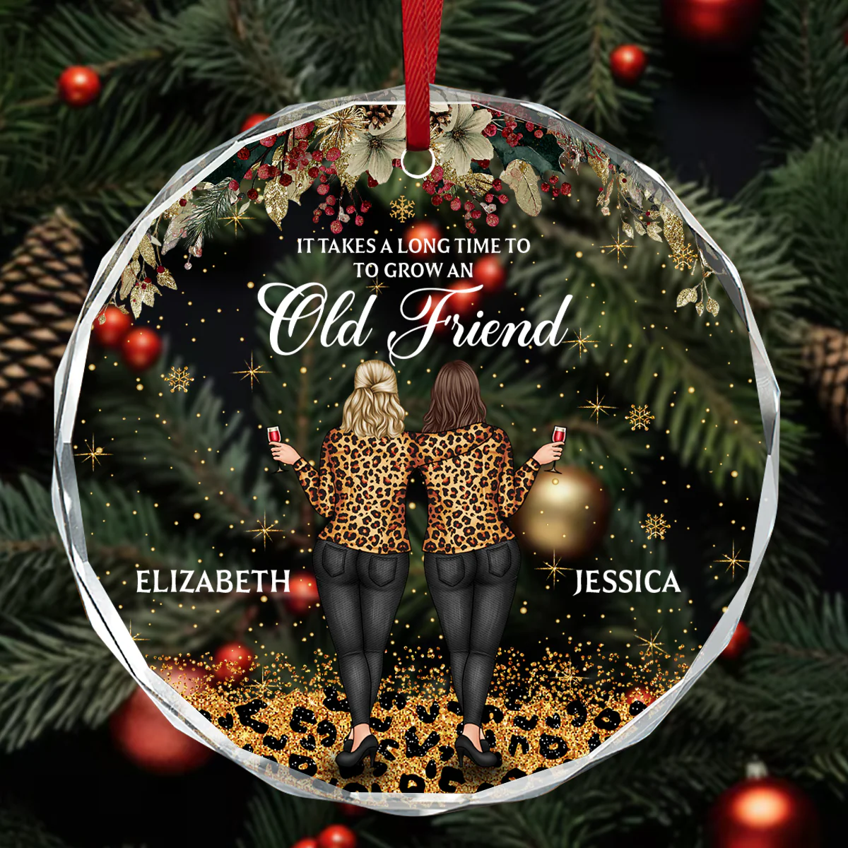 Old Friend Heart - Personalized Round Shaped Glass Ornament - Image 3
