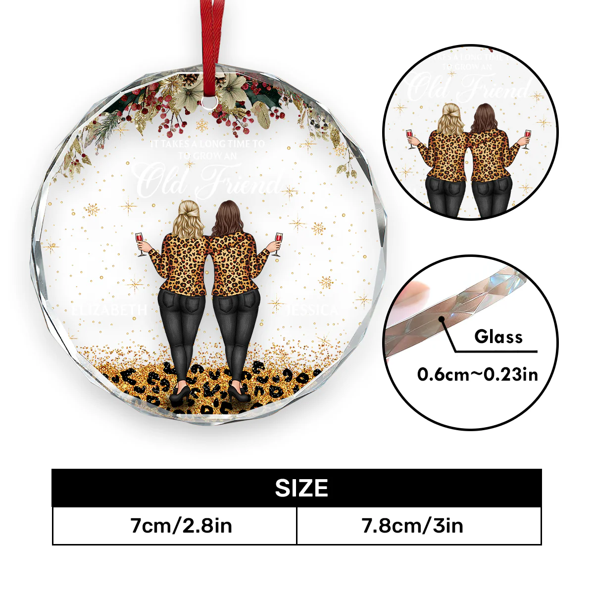 Old Friend Heart - Personalized Round Shaped Glass Ornament - Image 5