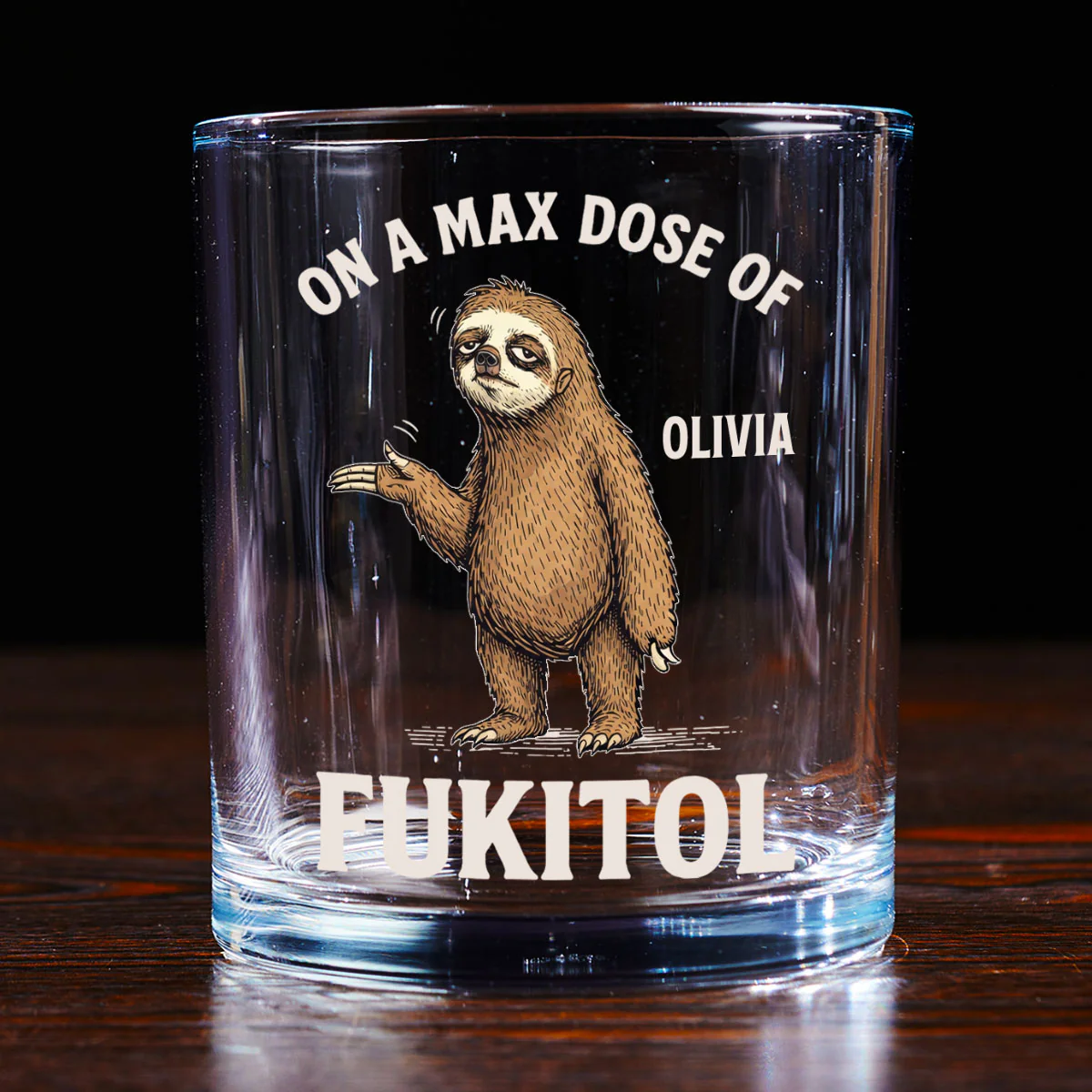 ON A MAX DOSE OF FUKITOL - Personalized Round Whiskey Glass - Image 3