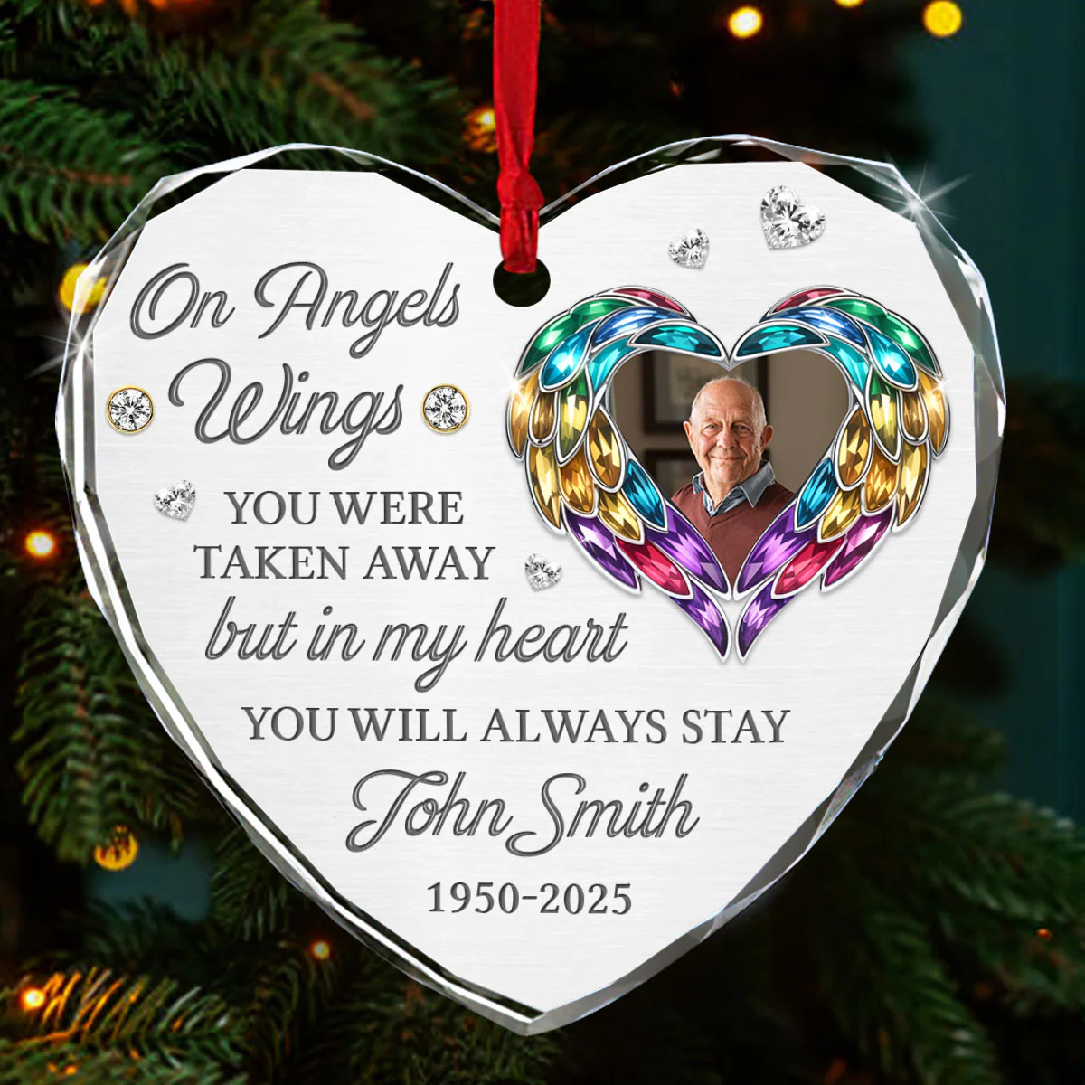 On Angel's Wings You Were Taken Away - Personalized Heart Shaped Glass Ornament