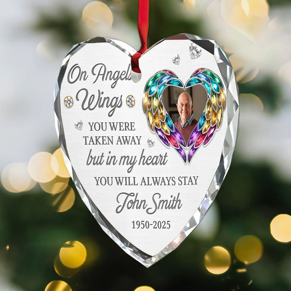 On Angel's Wings You Were Taken Away - Personalized Heart Shaped Glass Ornament - Image 3
