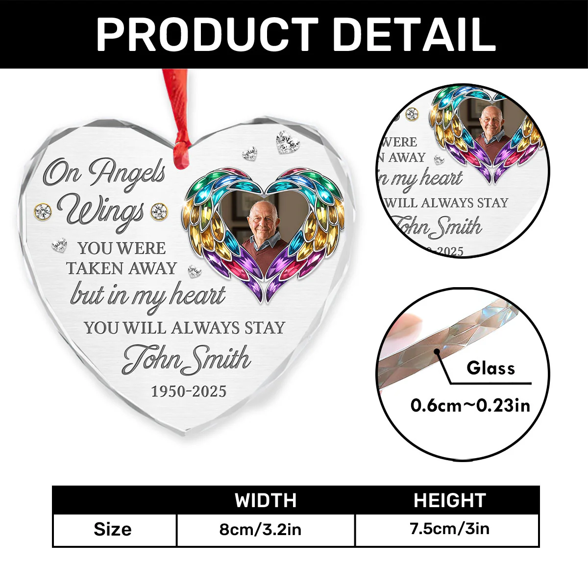 On Angel's Wings You Were Taken Away - Personalized Heart Shaped Glass Ornament - Image 4