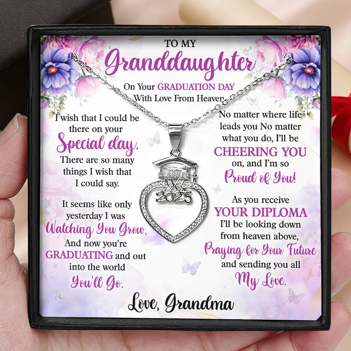 On Your Graduation Day With Love From Heaven
 - Personalized Grad Cap Heart Necklace With Box&Card - Image 3