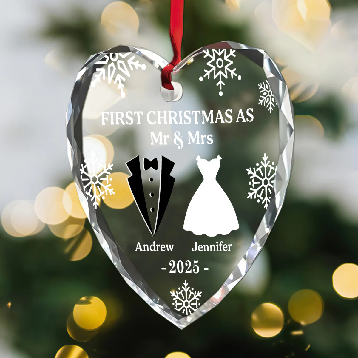 Our First Christmas As Husband And Wife - Personalized Heart Shaped Glass Ornament - Image 5