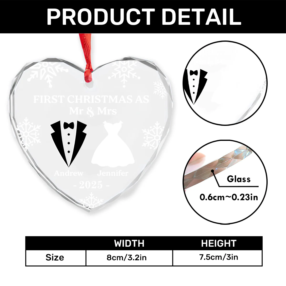 Our First Christmas As Husband And Wife - Personalized Heart Shaped Glass Ornament - Image 6