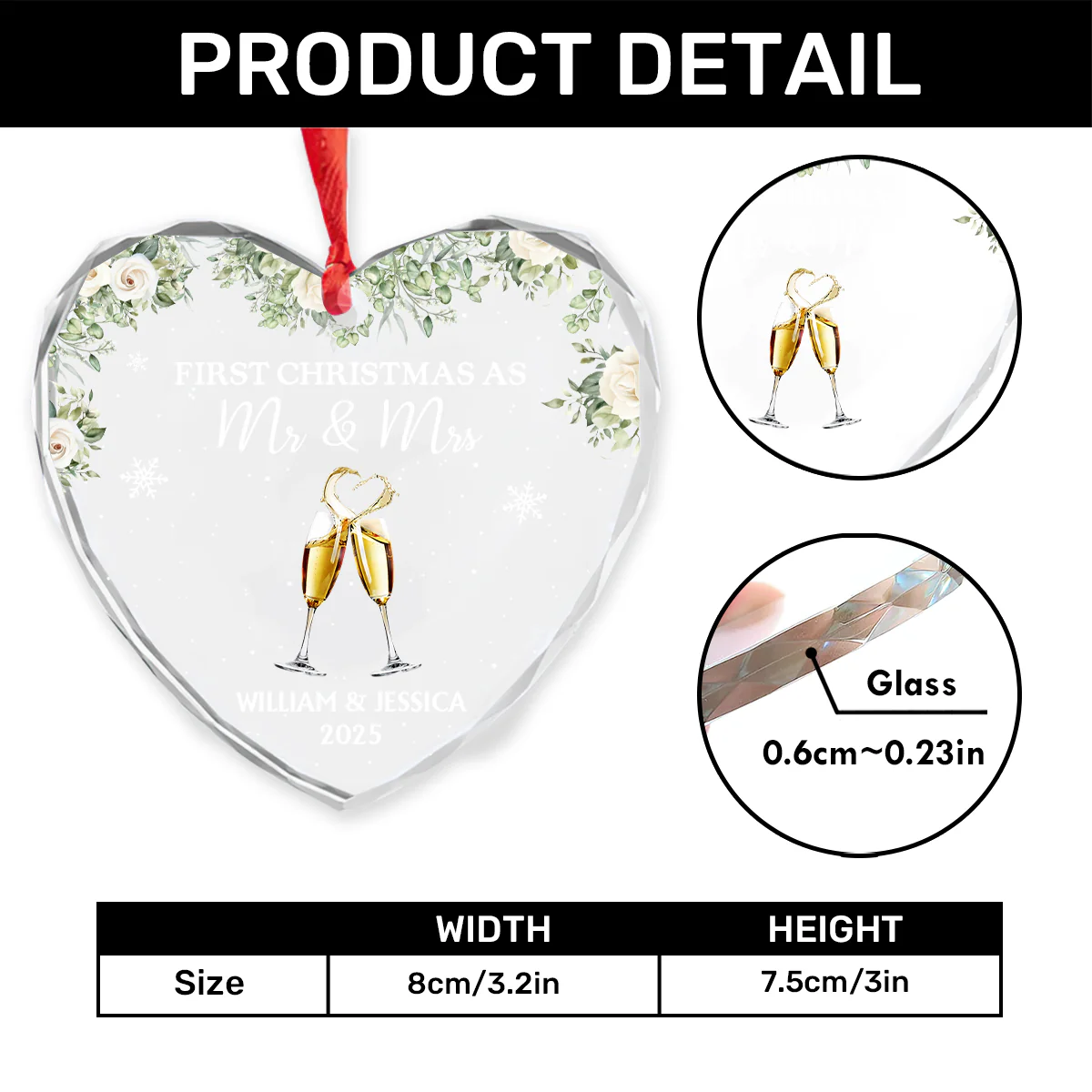 Our First Christmas As Mr. & Mrs - Personalized Heart Shaped Glass Ornament - Image 4