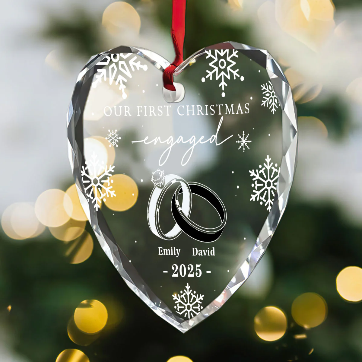 Our First Christmas Engaged - Personalized Heart Shaped Glass Ornament - Image 3