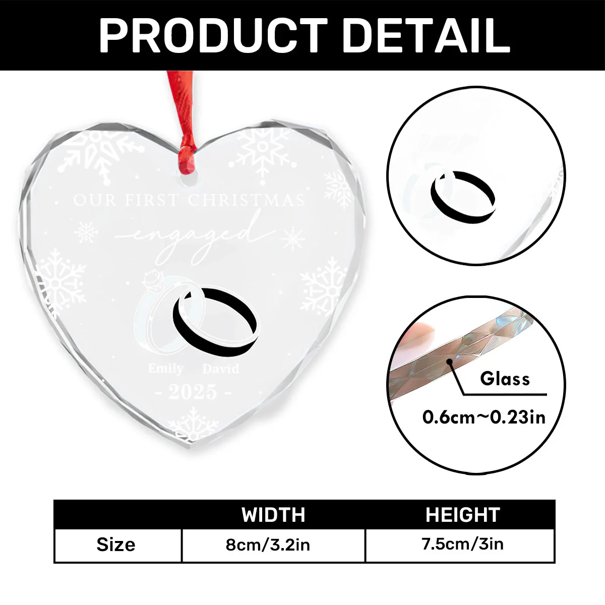 Our First Christmas Engaged - Personalized Heart Shaped Glass Ornament - Image 4