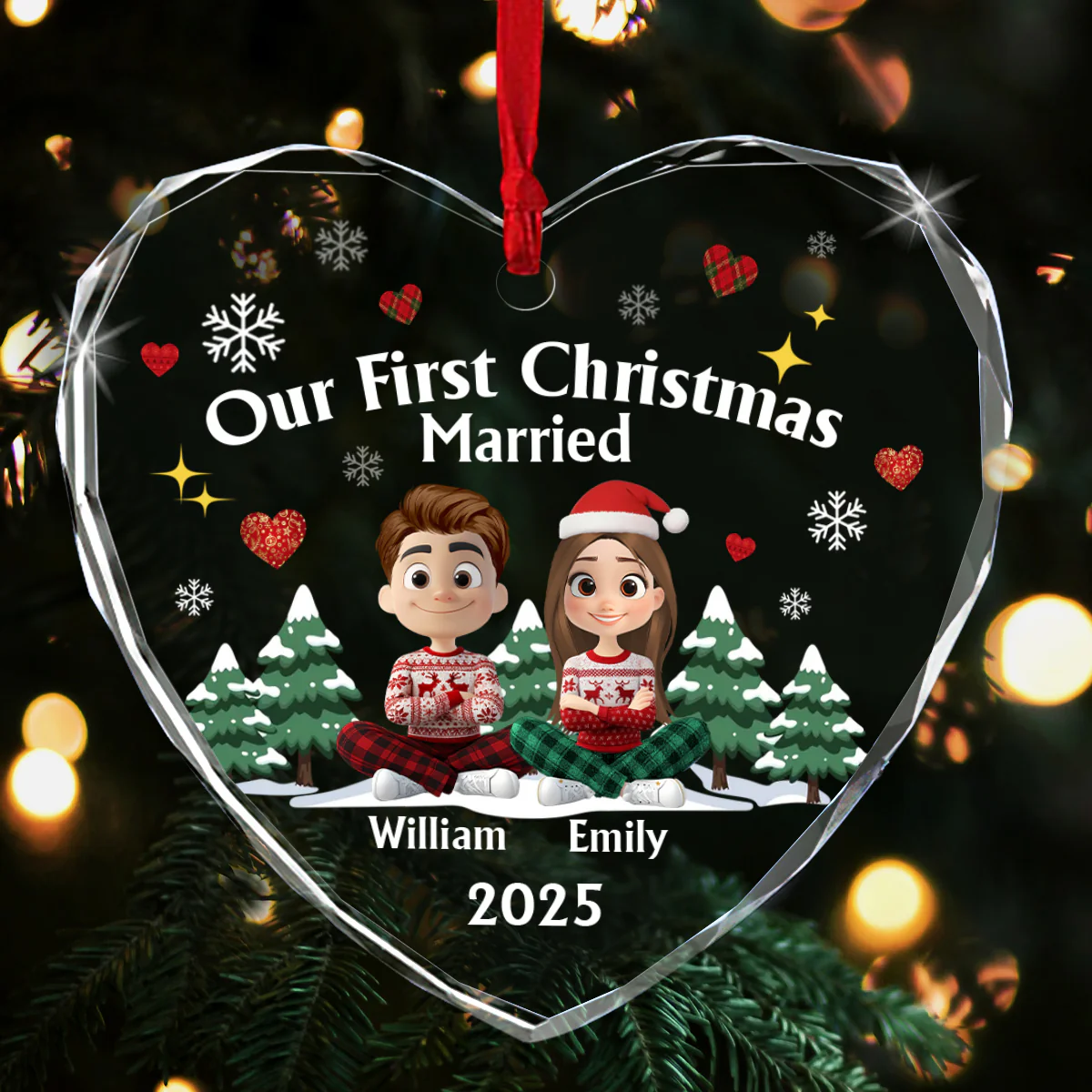 Our First Christmas Married - Personalized Heart Shaped Glass Ornament