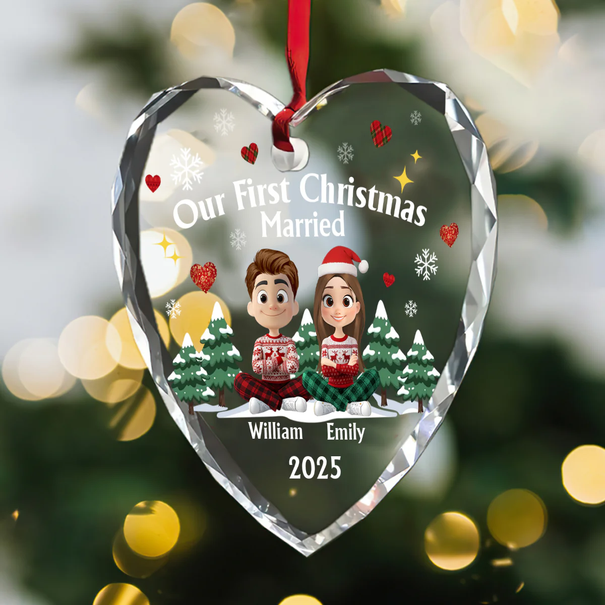 Our First Christmas Married - Personalized Heart Shaped Glass Ornament - Image 3