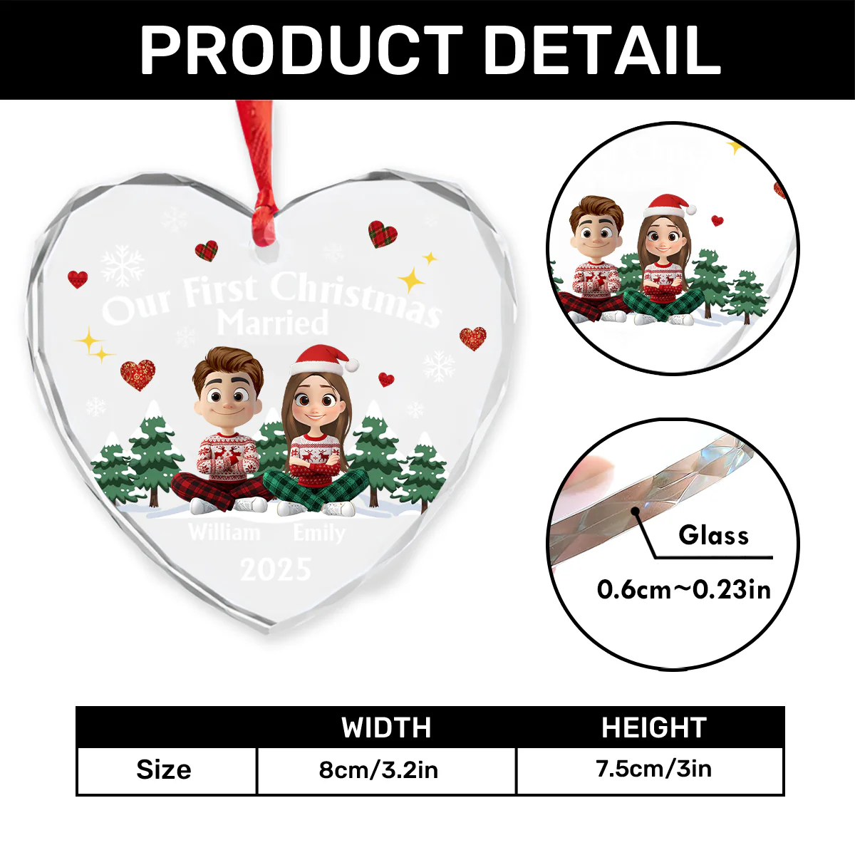 Our First Christmas Married - Personalized Heart Shaped Glass Ornament - Image 4