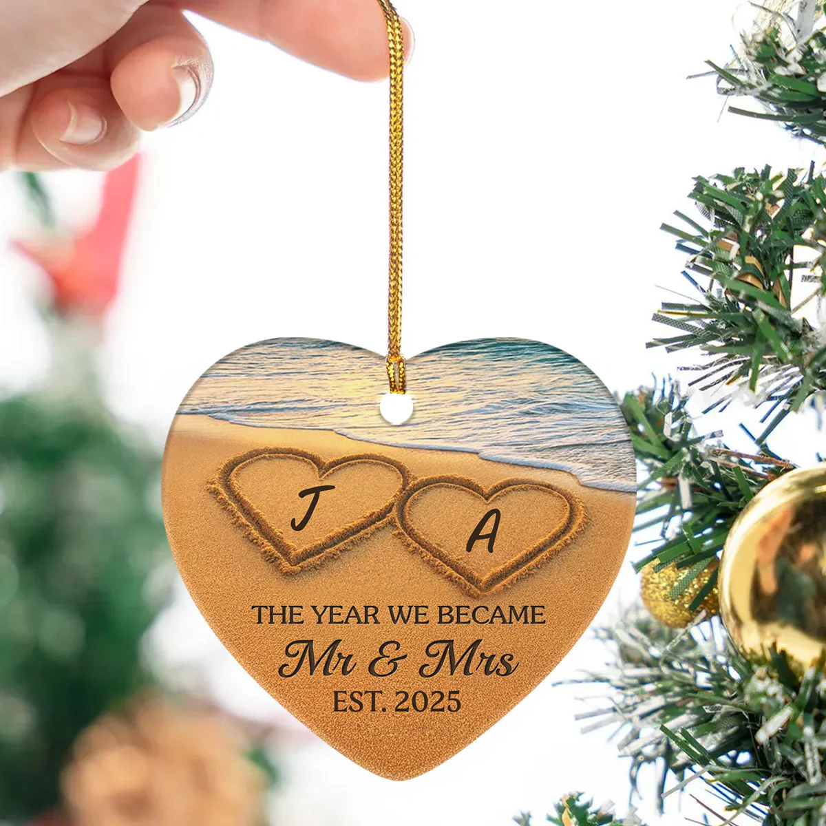 Our Happily Ever After, Set In Sand - Personalized Heart Shaped Ceramic Ornament - Image 2