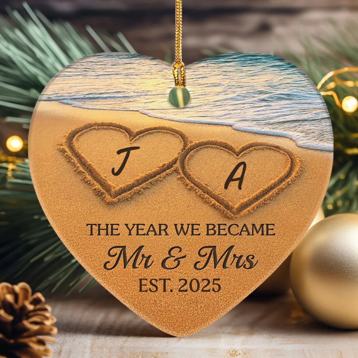 Our Happily Ever After, Set In Sand - Personalized Heart Shaped Ceramic Ornament - Image 3