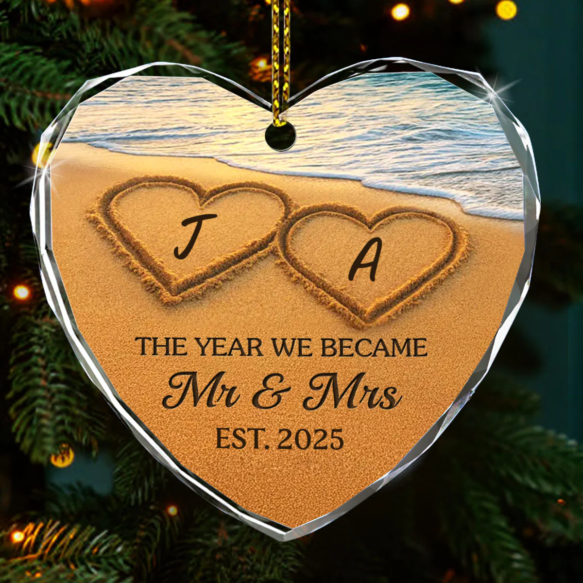 Our Happily Ever After, Set In Sand - Personalized Heart Shaped Glass Ornament - Image 2