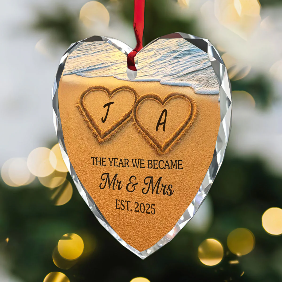 Our Happily Ever After, Set In Sand - Personalized Heart Shaped Glass Ornament - Image 3