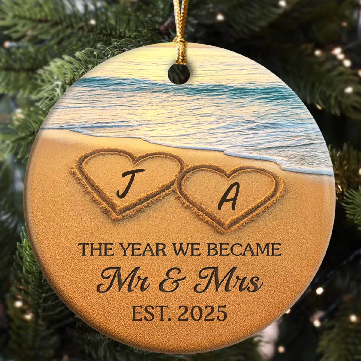 Our Happily Ever After, Set In Sand - Personalized Round Shaped Ceramic Ornament - Image 5