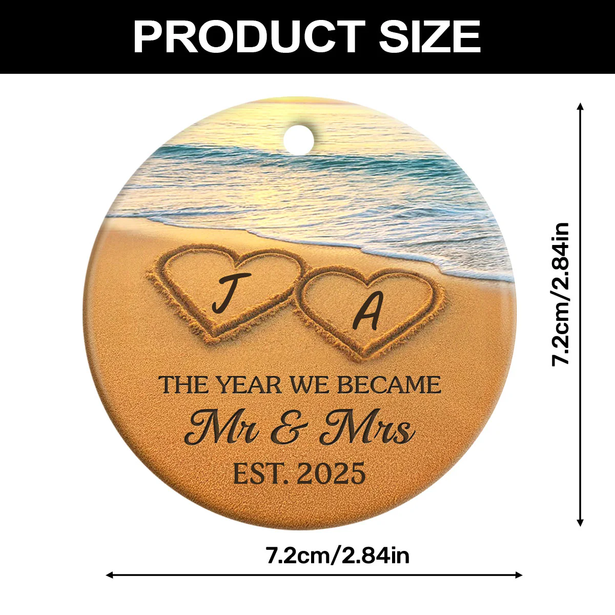 Our Happily Ever After, Set In Sand - Personalized Round Shaped Ceramic Ornament - Image 7