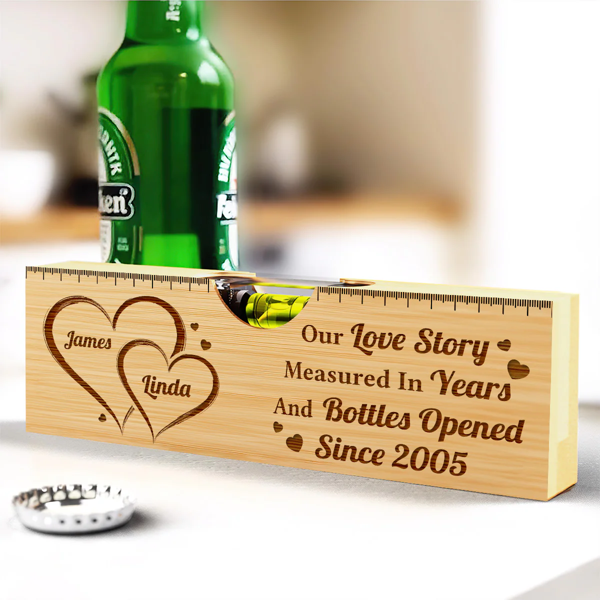 Our Love Story Measured In Years And Bottles Opened - Personalized Wooden Spirit Level Bottle Opener - Image 2
