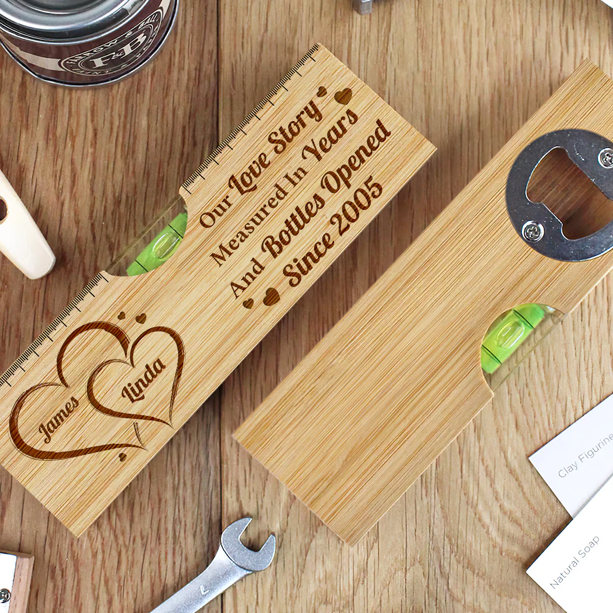 Our Love Story Measured In Years And Bottles Opened - Personalized Wooden Spirit Level Bottle Opener - Image 3