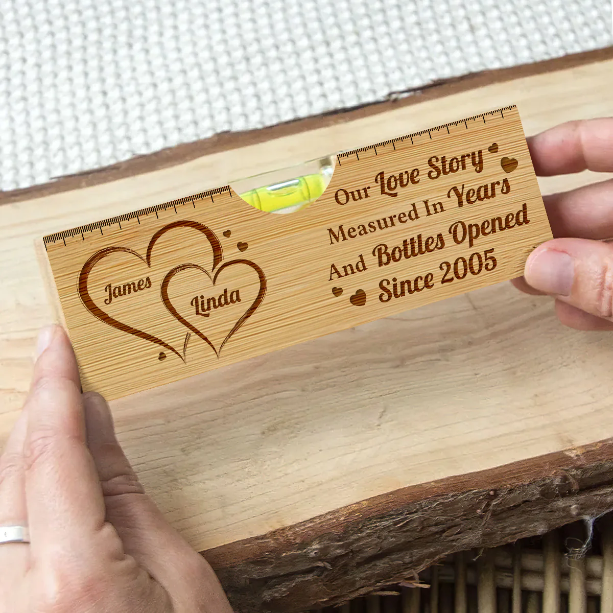 Our Love Story Measured In Years And Bottles Opened - Personalized Wooden Spirit Level Bottle Opener - Image 4