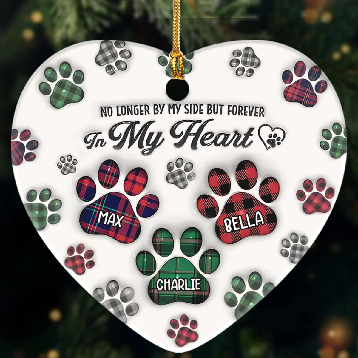 Paw Prints In My Heart - Personalized Heart Shaped Ceramic Ornament