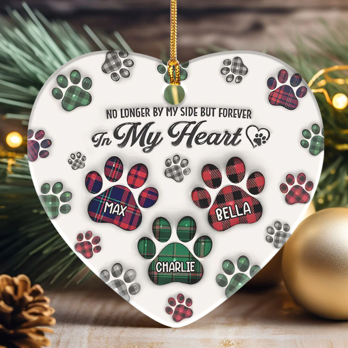 Paw Prints In My Heart - Personalized Heart Shaped Ceramic Ornament - Image 3
