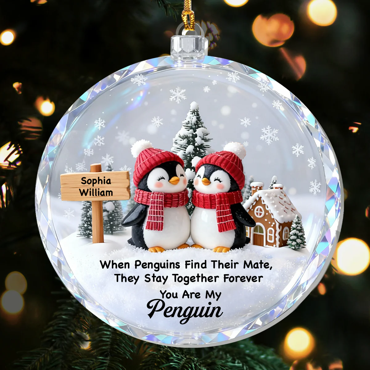 Penguin Couple Snowy Ball - Personalized 1-Layer Acrylic Ornament