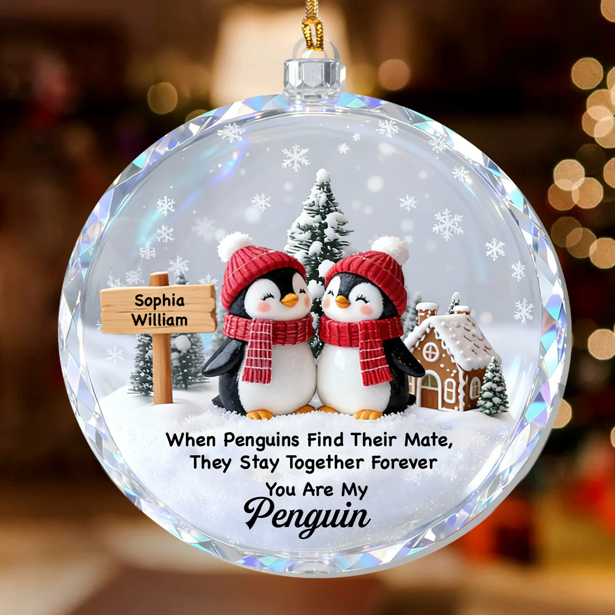 Penguin Couple Snowy Ball - Personalized 1-Layer Acrylic Ornament - Image 2