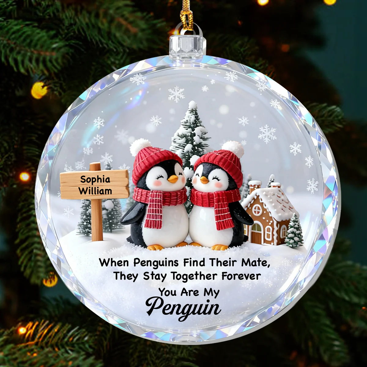Penguin Couple Snowy Ball - Personalized 1-Layer Acrylic Ornament - Image 3