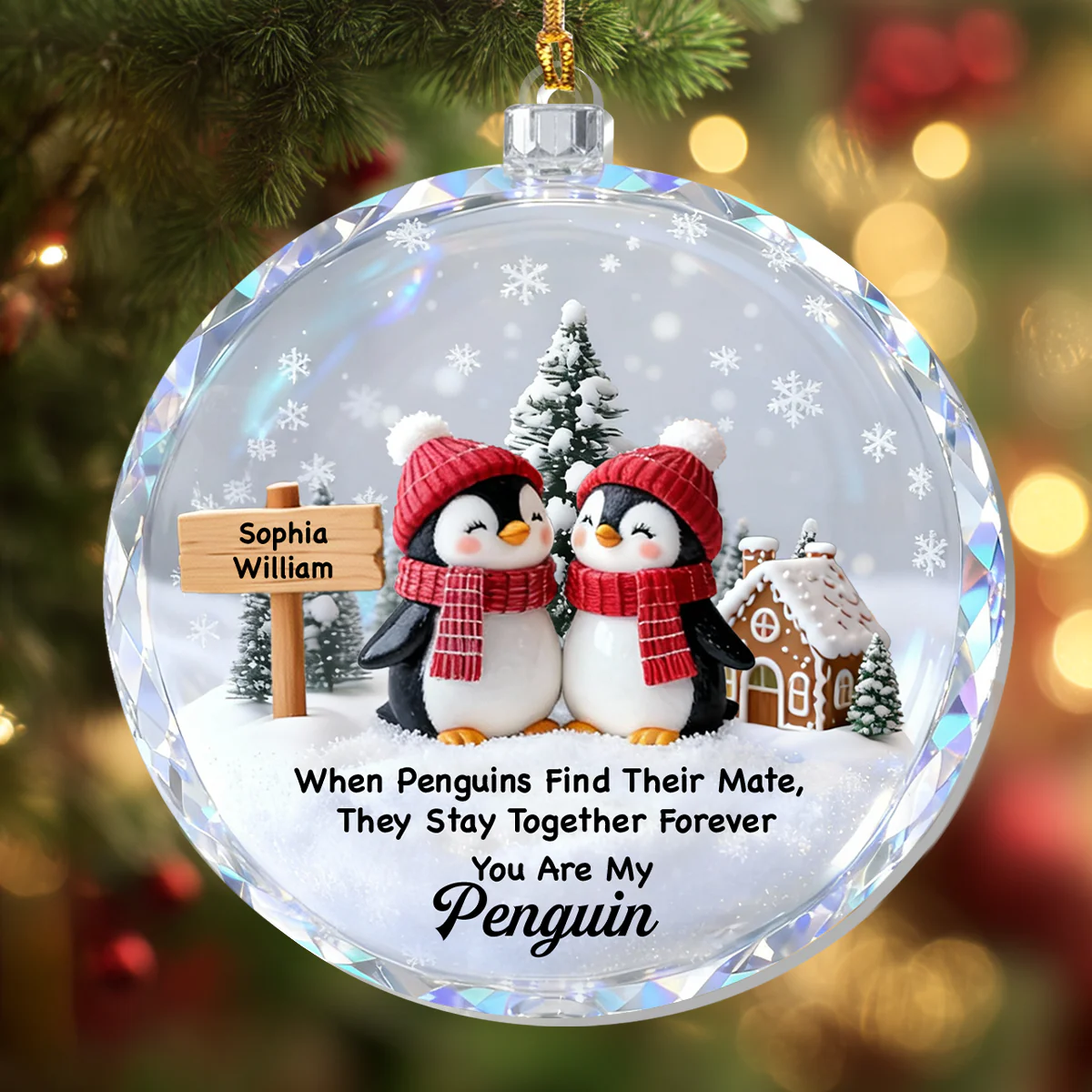 Penguin Couple Snowy Ball - Personalized 1-Layer Acrylic Ornament - Image 4