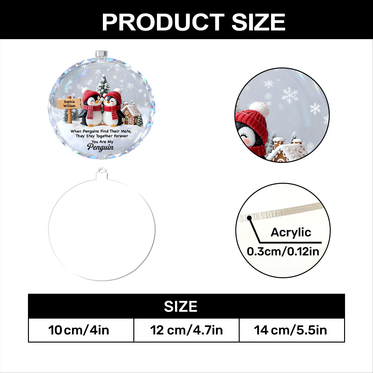 Penguin Couple Snowy Ball - Personalized 1-Layer Acrylic Ornament - Image 5