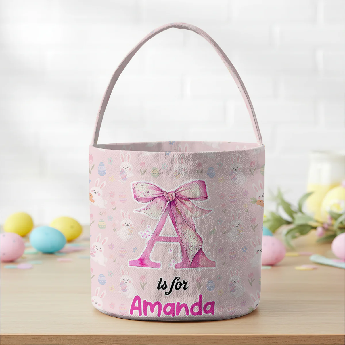 Pink Bow Initial Cute Blush - Personalized Easter Basket - Image 4