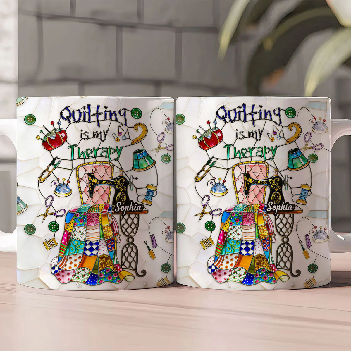 Quilting Is My Therapy Stained Glass - Personalized Ceramic Coffee Mug - Image 2