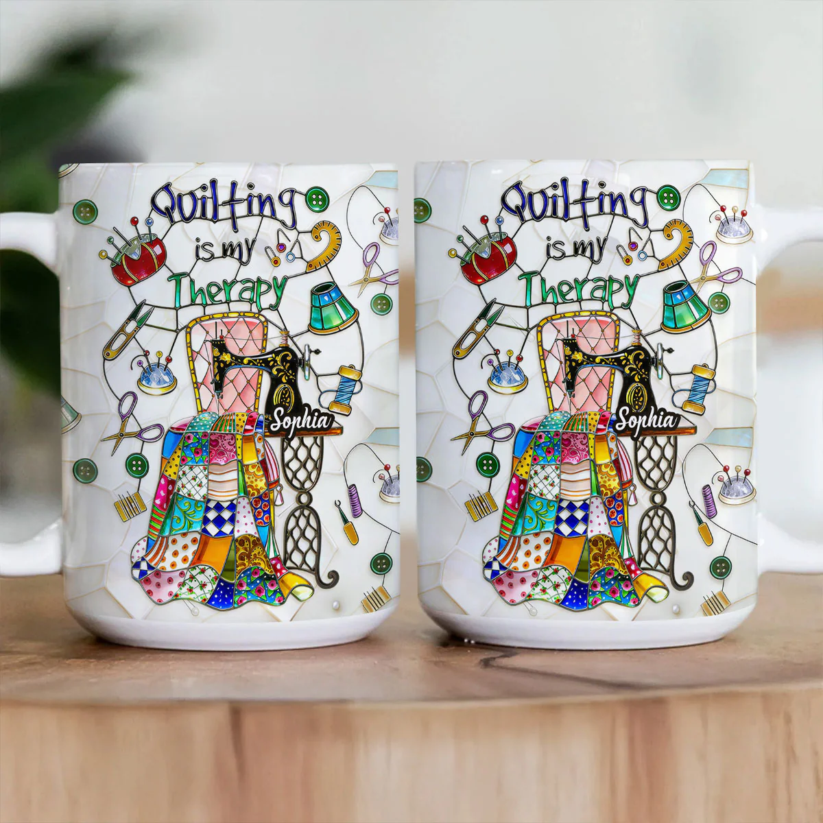 Quilting Is My Therapy Stained Glass - Personalized Ceramic Coffee Mug - Image 3