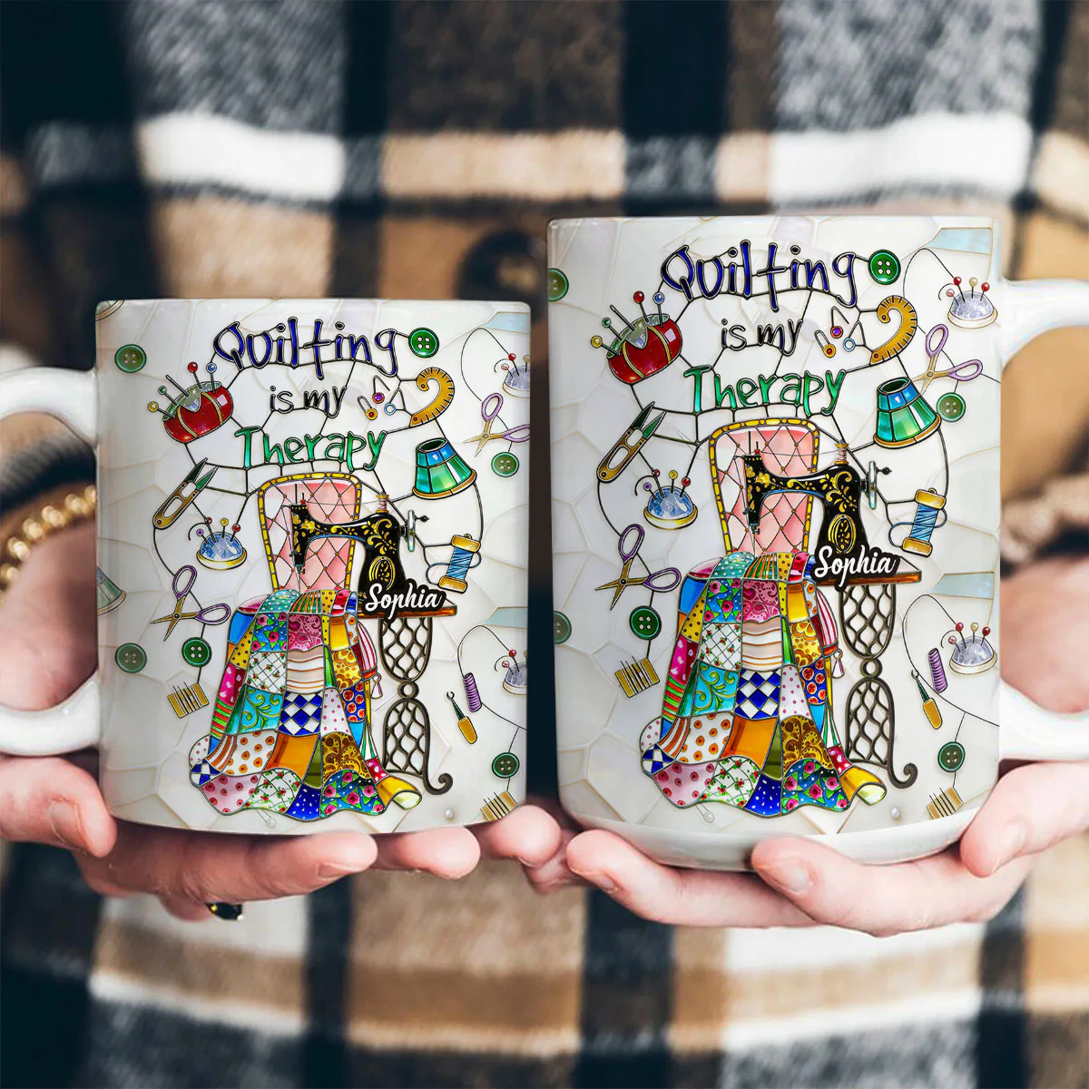 Quilting Is My Therapy Stained Glass - Personalized Ceramic Coffee Mug - Image 4