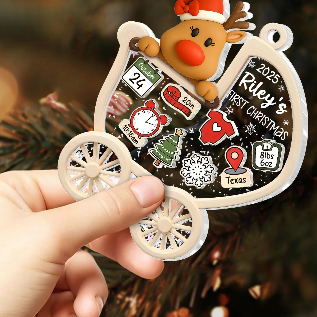 Reindeer Baby’s First Christmas - Personalized 3 Layered Christmas Shaker Ornament - Image 2