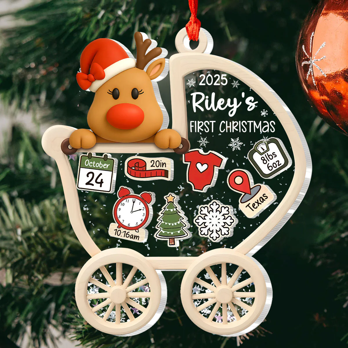 Reindeer Baby’s First Christmas - Personalized 3 Layered Christmas Shaker Ornament - Image 4
