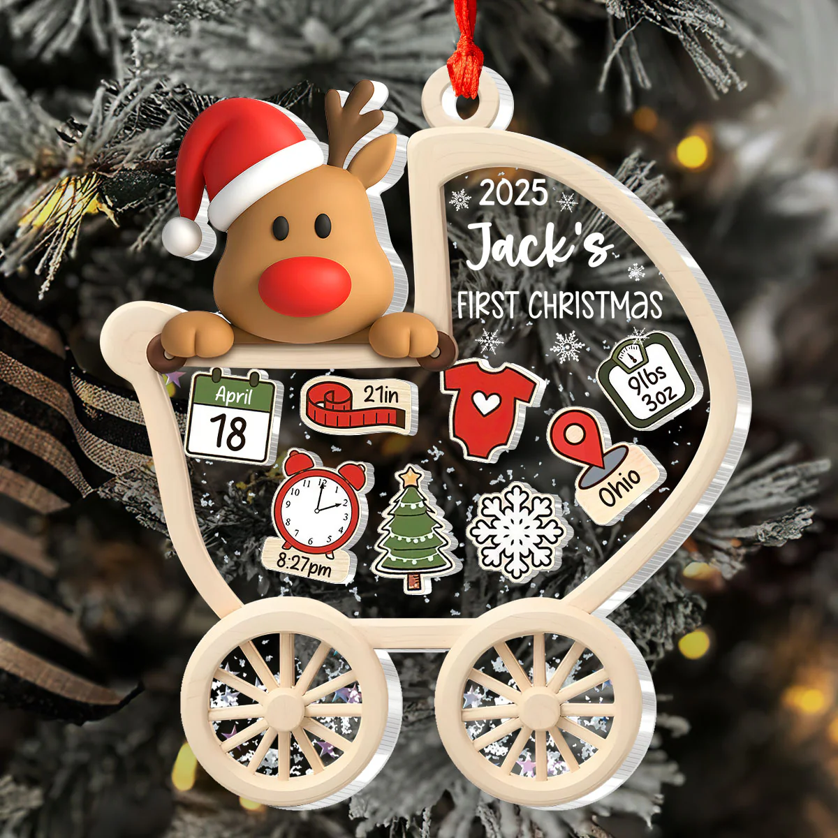 Reindeer Baby’s First Christmas - Personalized 3 Layered Christmas Shaker Ornament - Image 5
