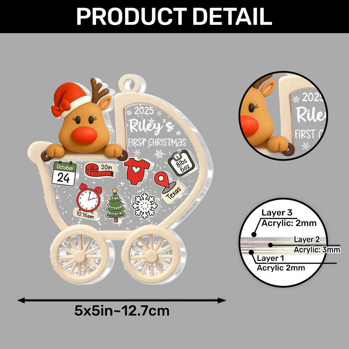 Reindeer Baby’s First Christmas - Personalized 3 Layered Christmas Shaker Ornament - Image 6