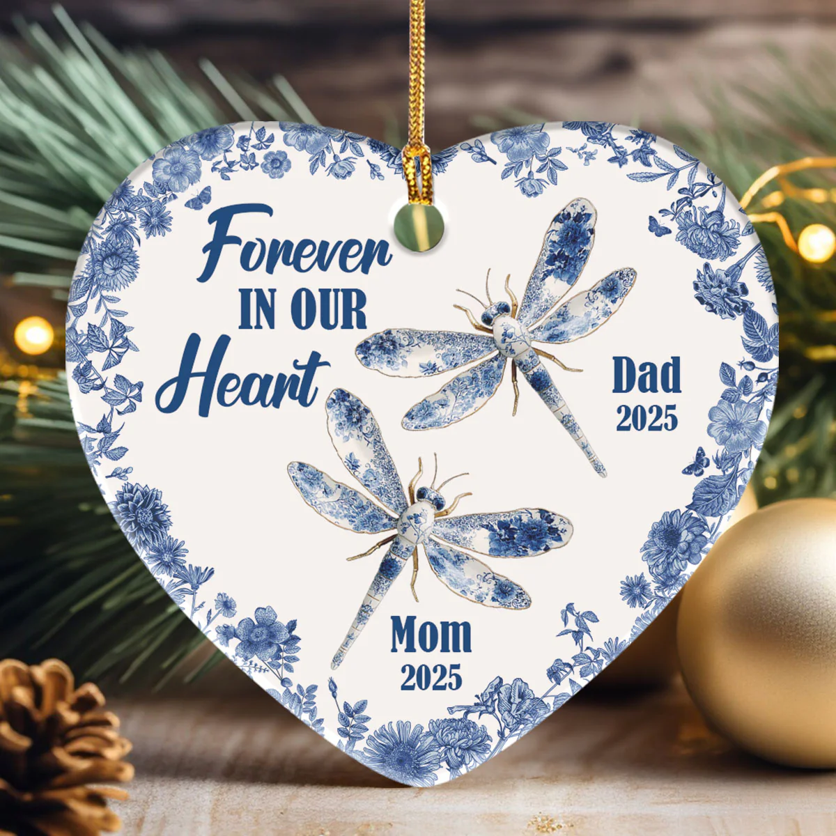 Remembrance Dragonfly - Personalized Heart Shaped Ceramic Ornament - Image 3