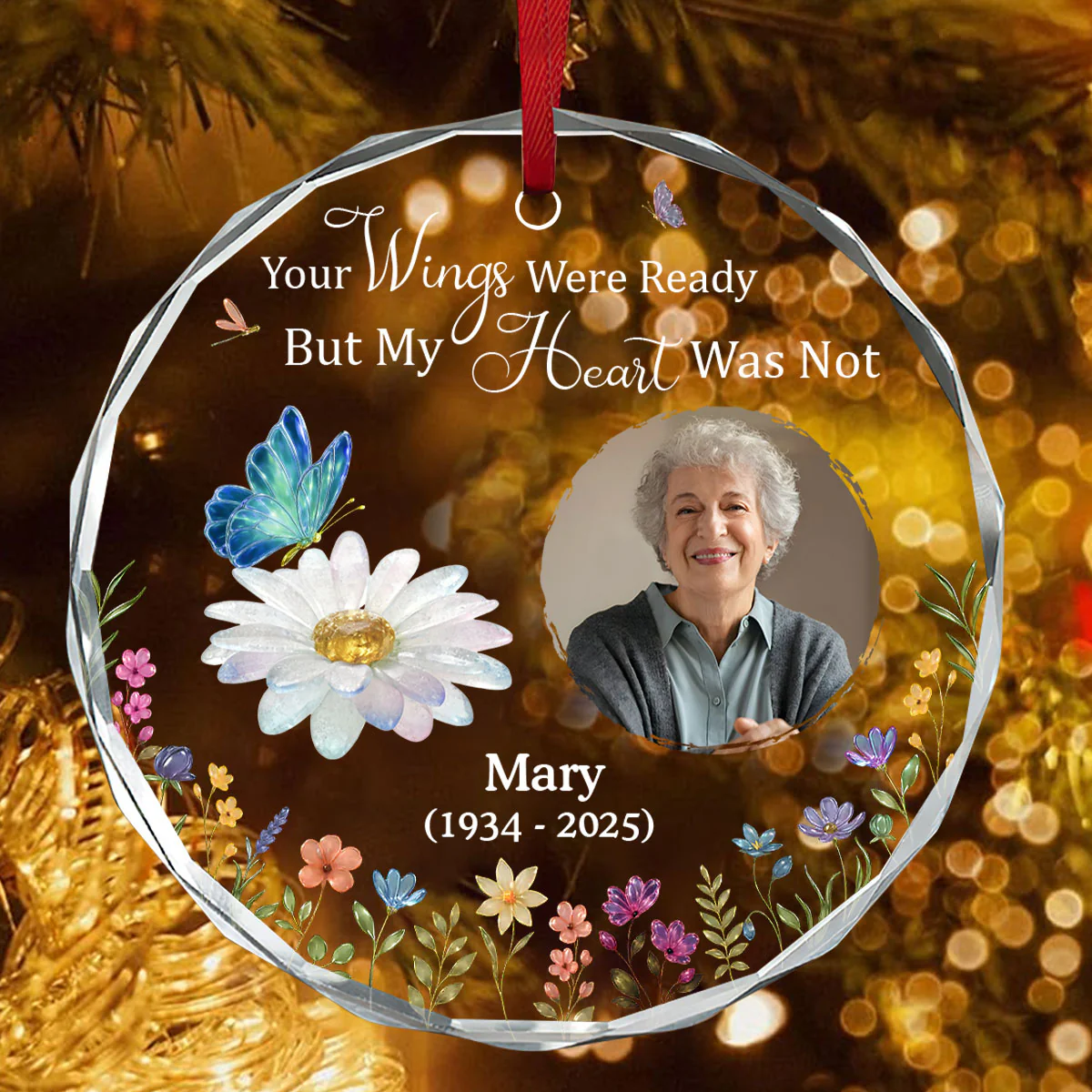 Remembrance Gemstone Butterfly - Personalized Round Shaped Glass Ornament - Image 4