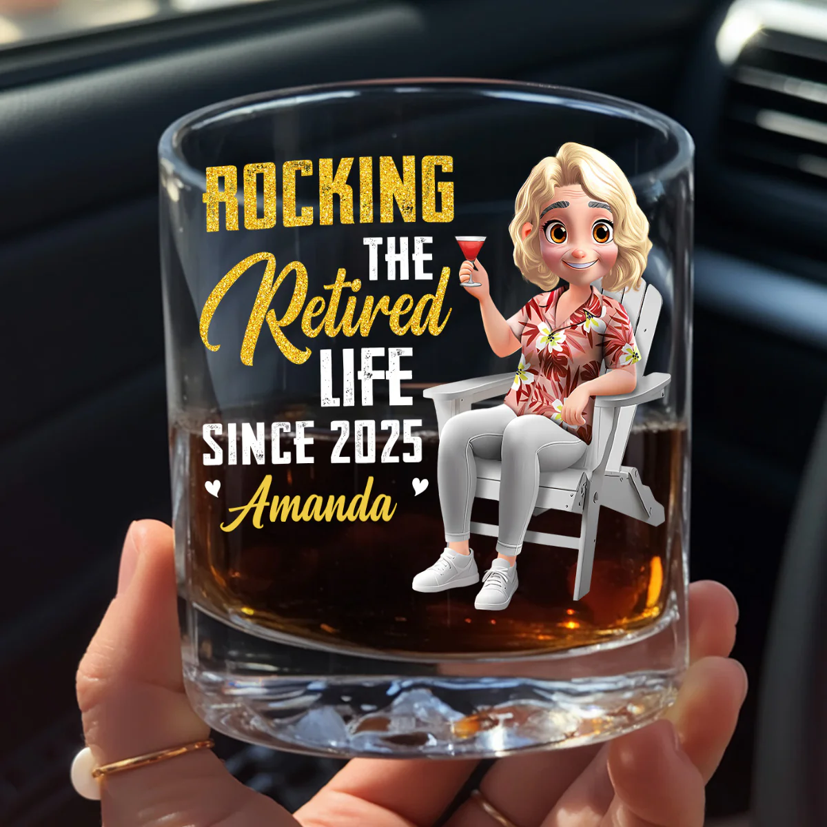 Rocking The Retired Life - Personalized Round Whiskey Glass