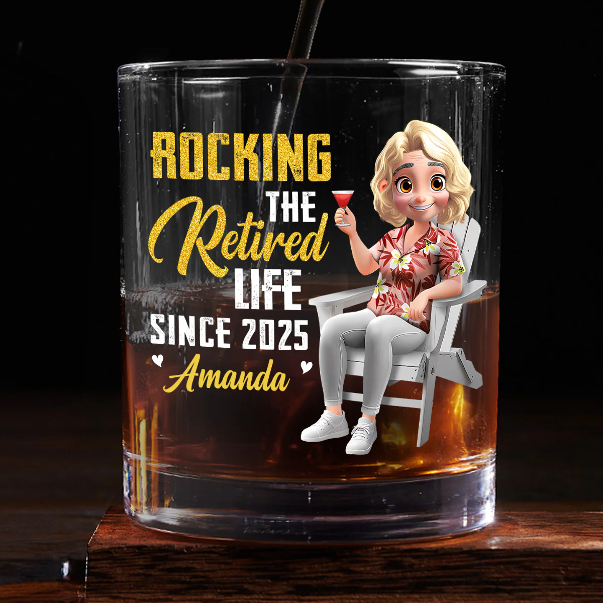 Rocking The Retired Life - Personalized Round Whiskey Glass - Image 2