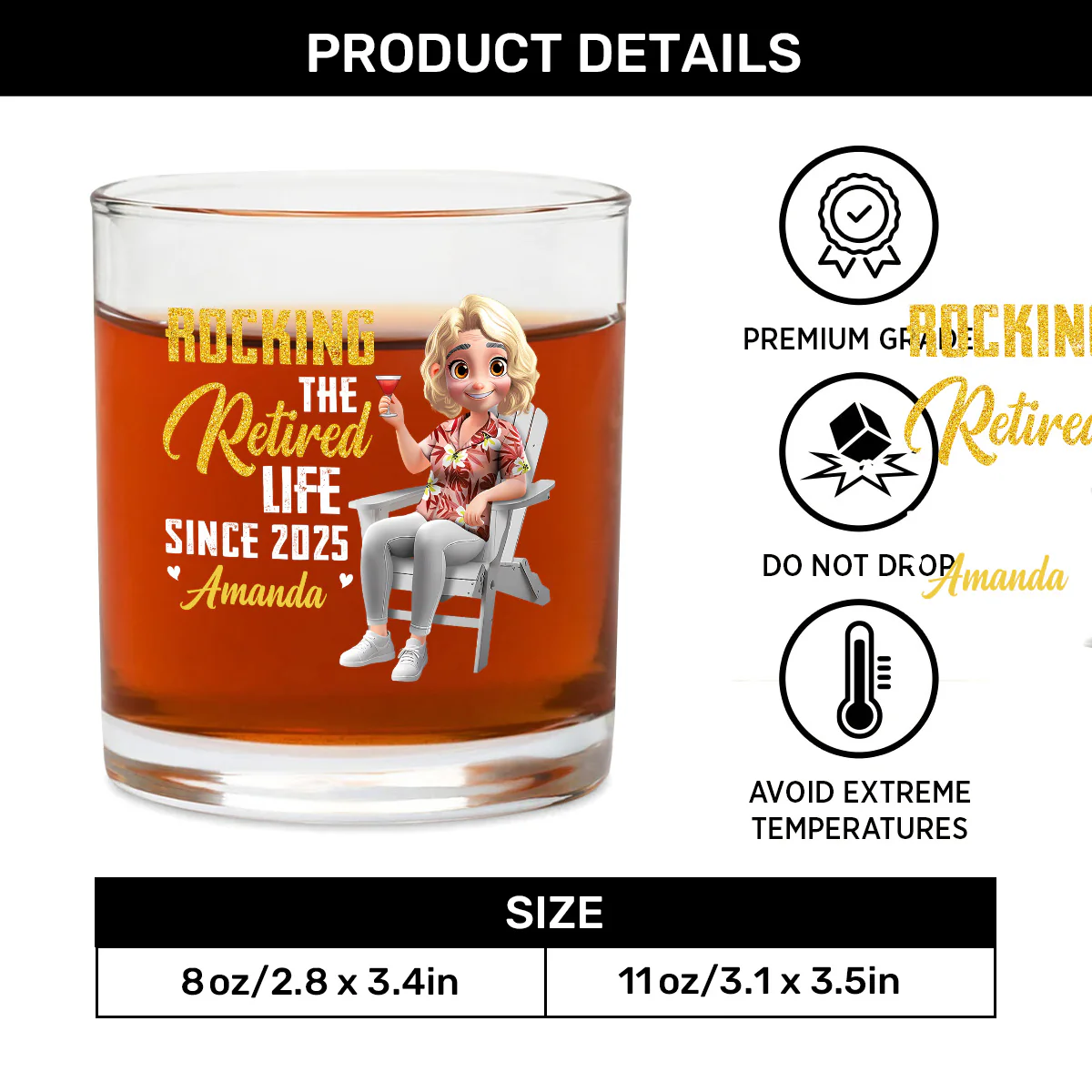 Rocking The Retired Life - Personalized Round Whiskey Glass - Image 6