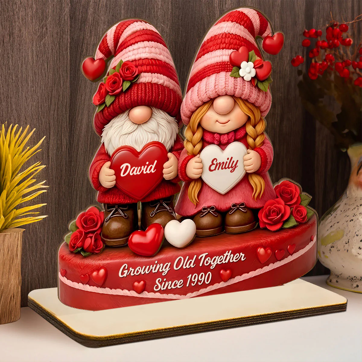 Romantic Gnome Couple - Personalized 2-Layer Wood Plaque With Flat Base - Image 3