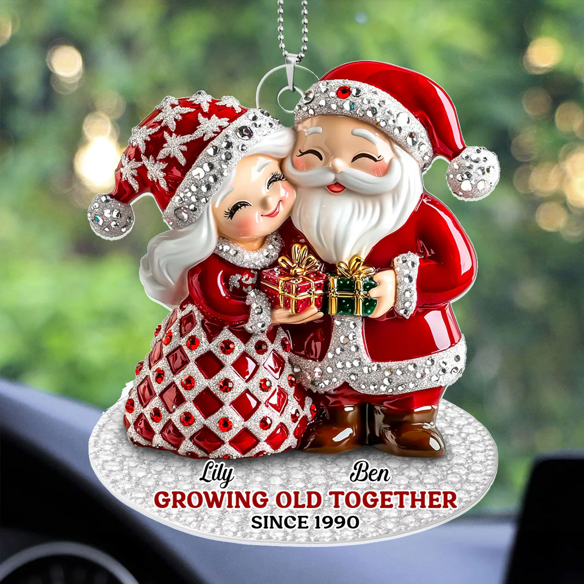 Santa Couple Growing Old Together - Personalized Car Acrylic Hanging Ornament - Image 3
