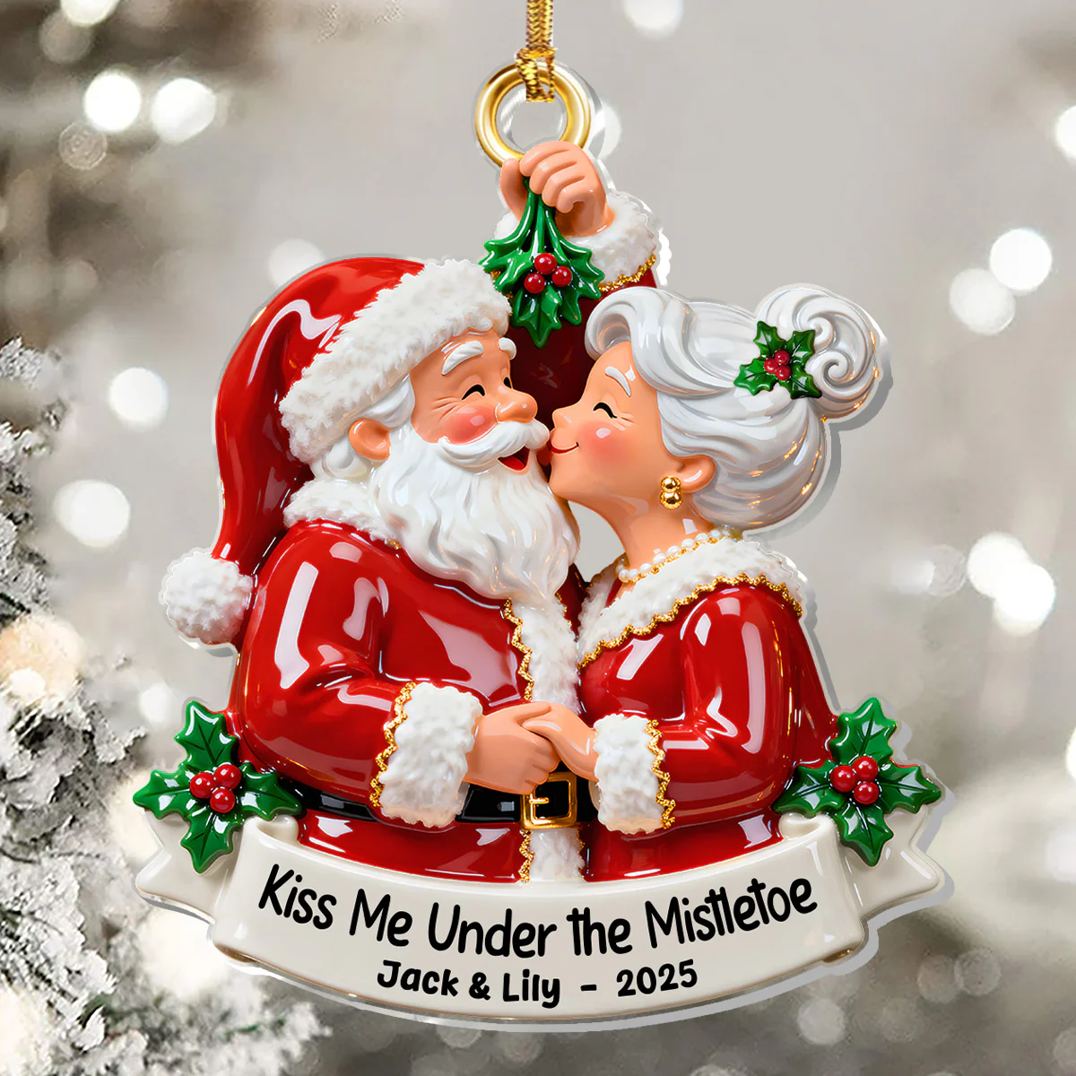Santa & Mrs. Claus’ Christmas Kiss - Personalized 1-Layer Acrylic Ornament - Image 5