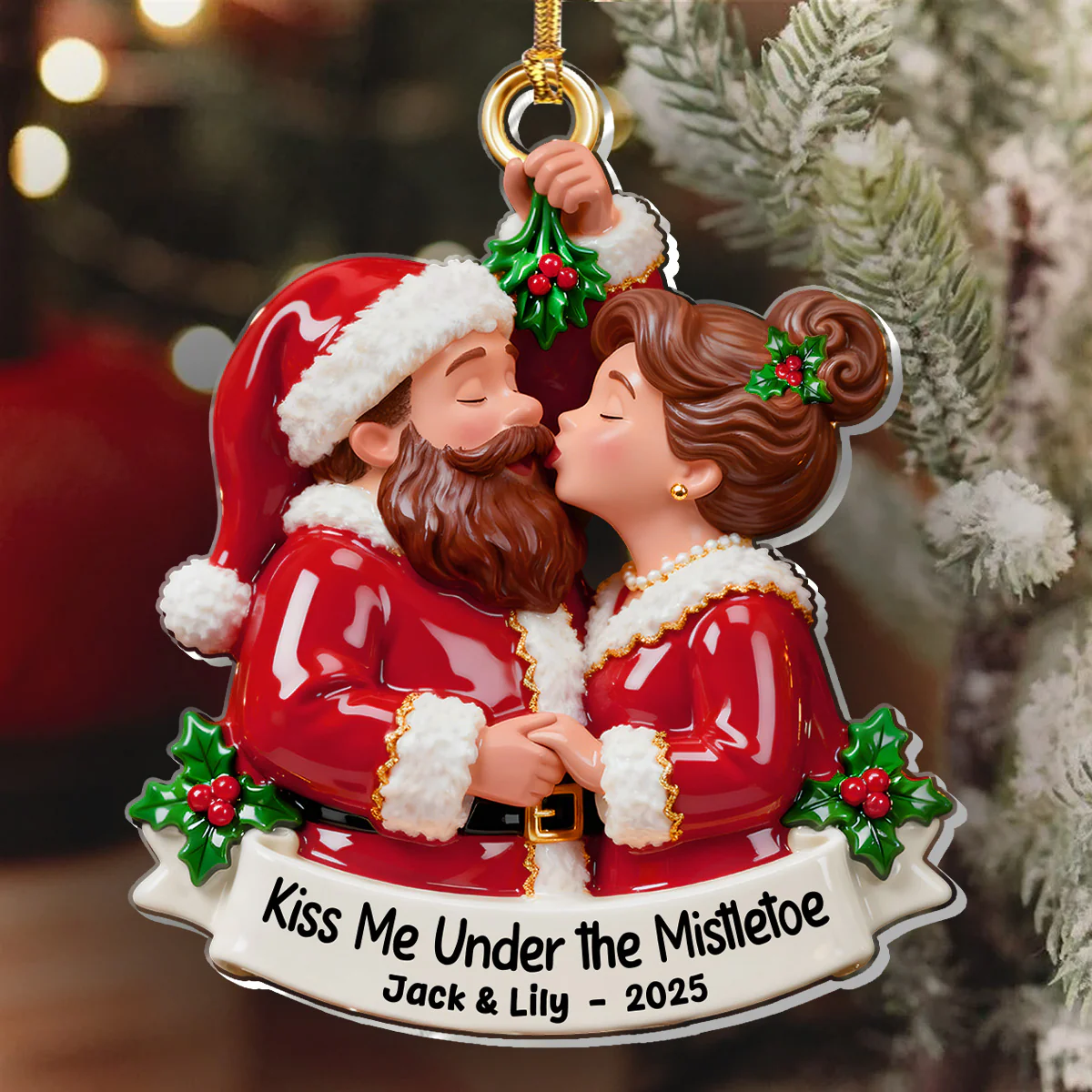 Santa & Mrs. Claus’ Christmas Kiss - Personalized 1-Layer Acrylic Ornament - Image 6